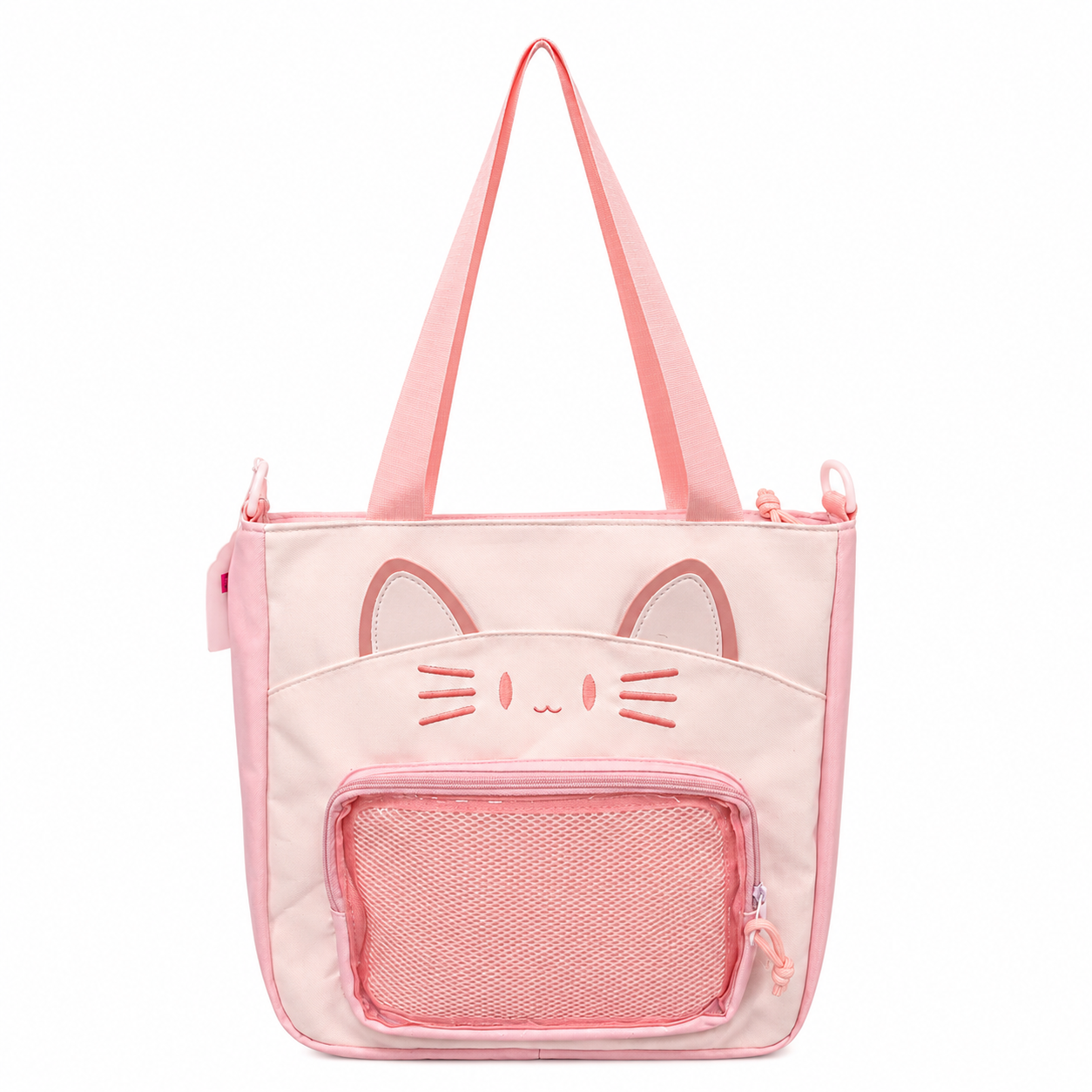 Kawaii Cat Face Tote Bag with Front Mesh Pocket