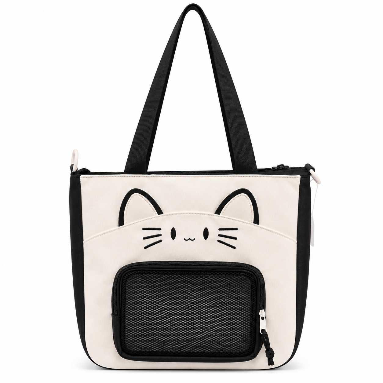 Kawaii Cat Face Tote Bag with Front Mesh Pocket