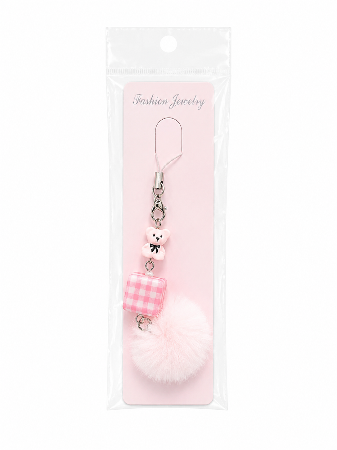 Pink Teddy Pom Pom Phone Charm