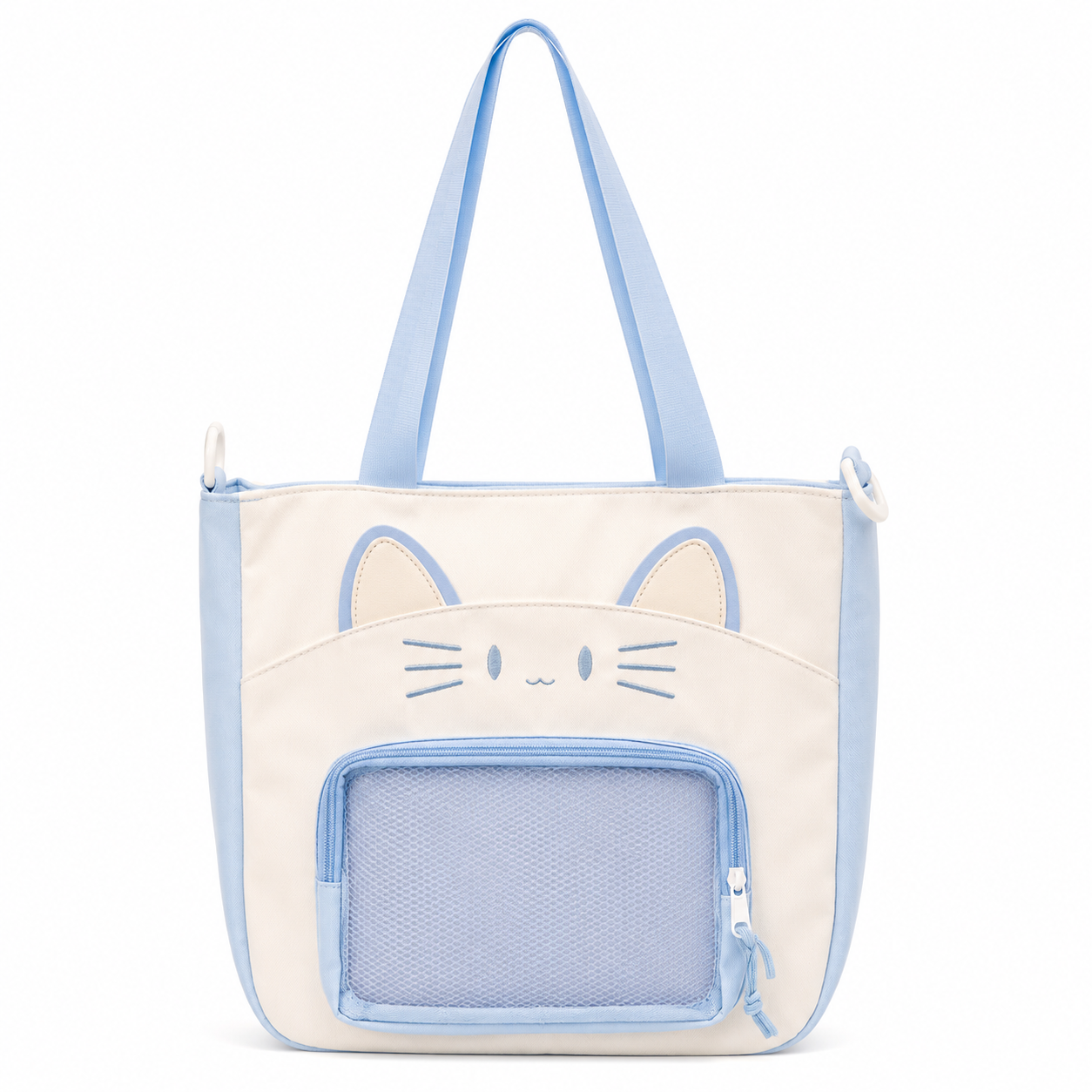Kawaii Cat Face Tote Bag with Front Mesh Pocket