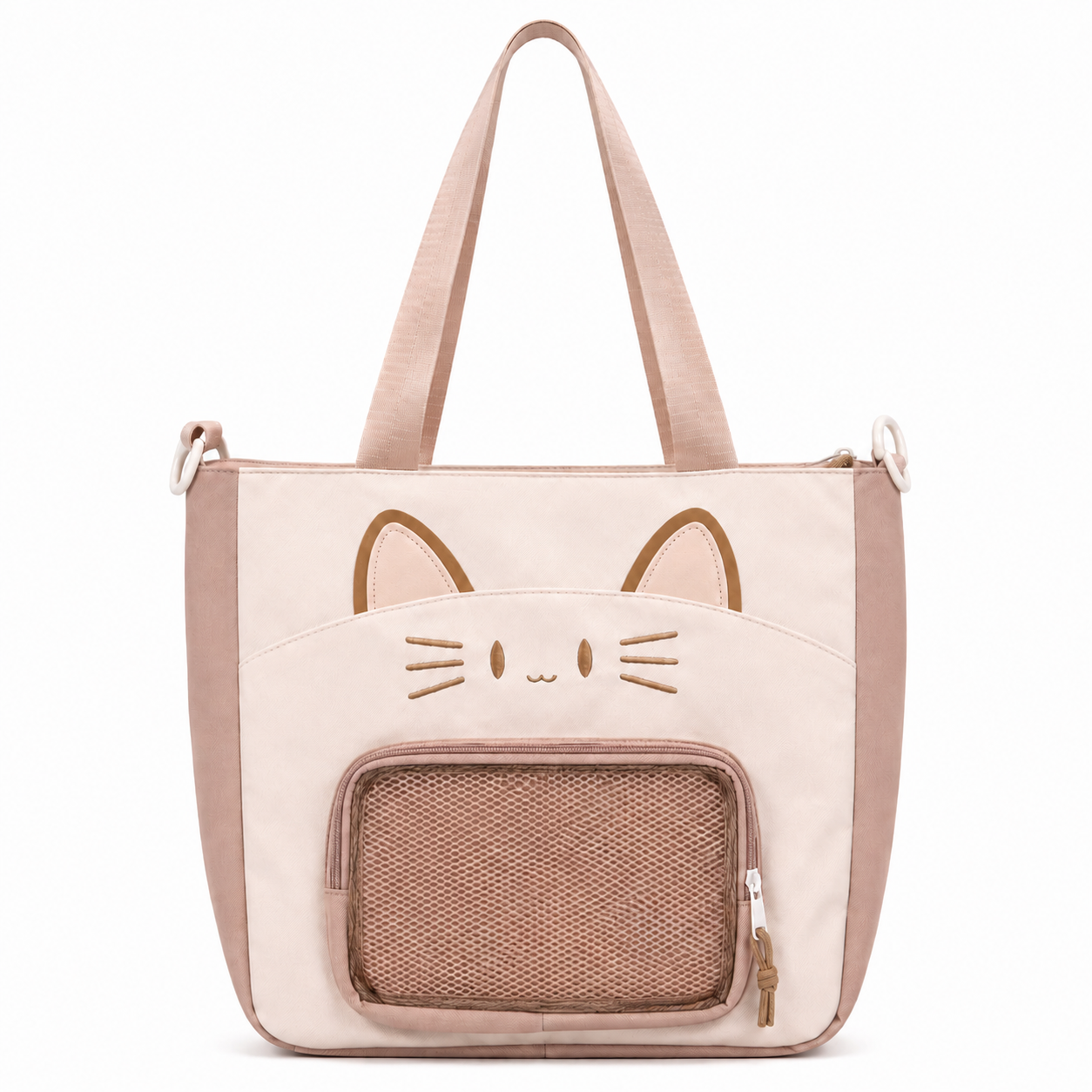 Kawaii Cat Face Tote Bag with Front Mesh Pocket