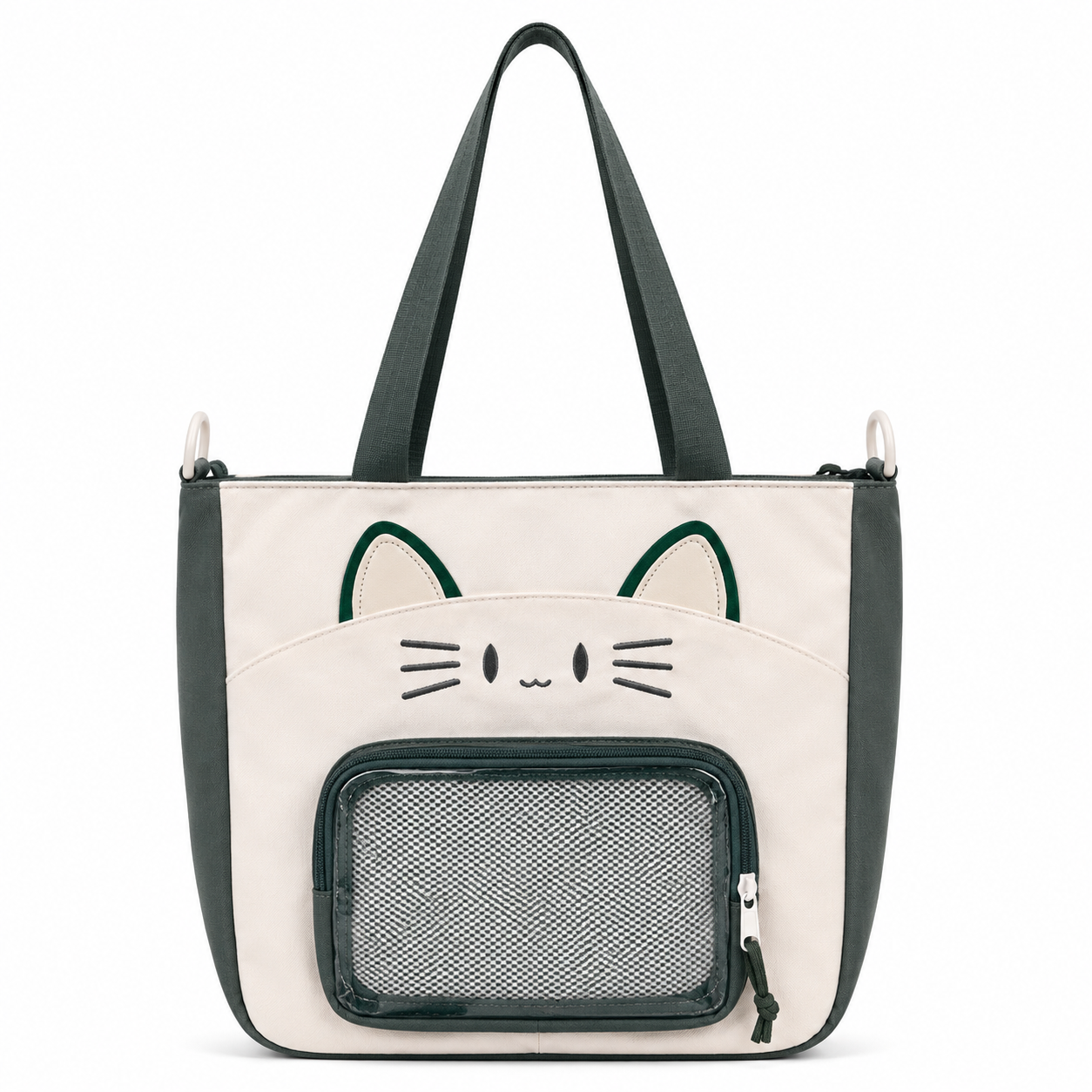 Kawaii Cat Face Tote Bag with Front Mesh Pocket