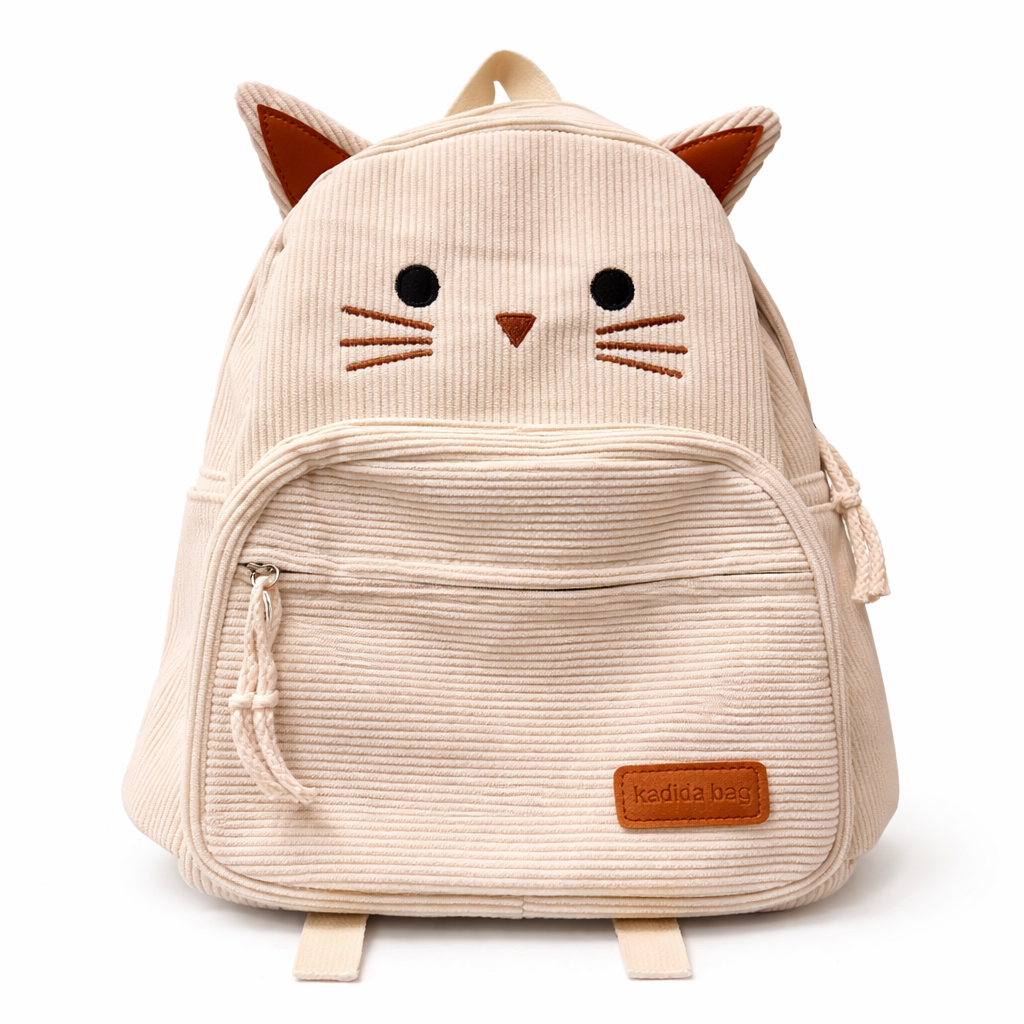 Cream Cat Corduroy Backpack