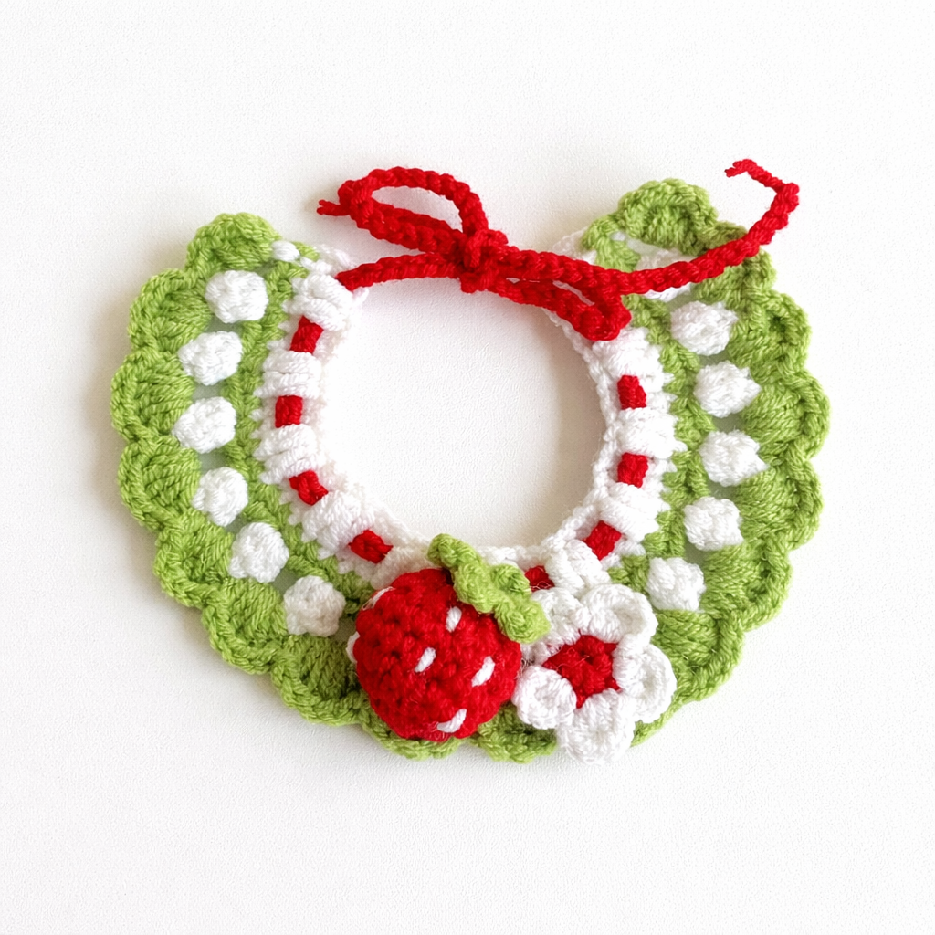 Handmade Strawberry Crochet Cat Collar, Size S