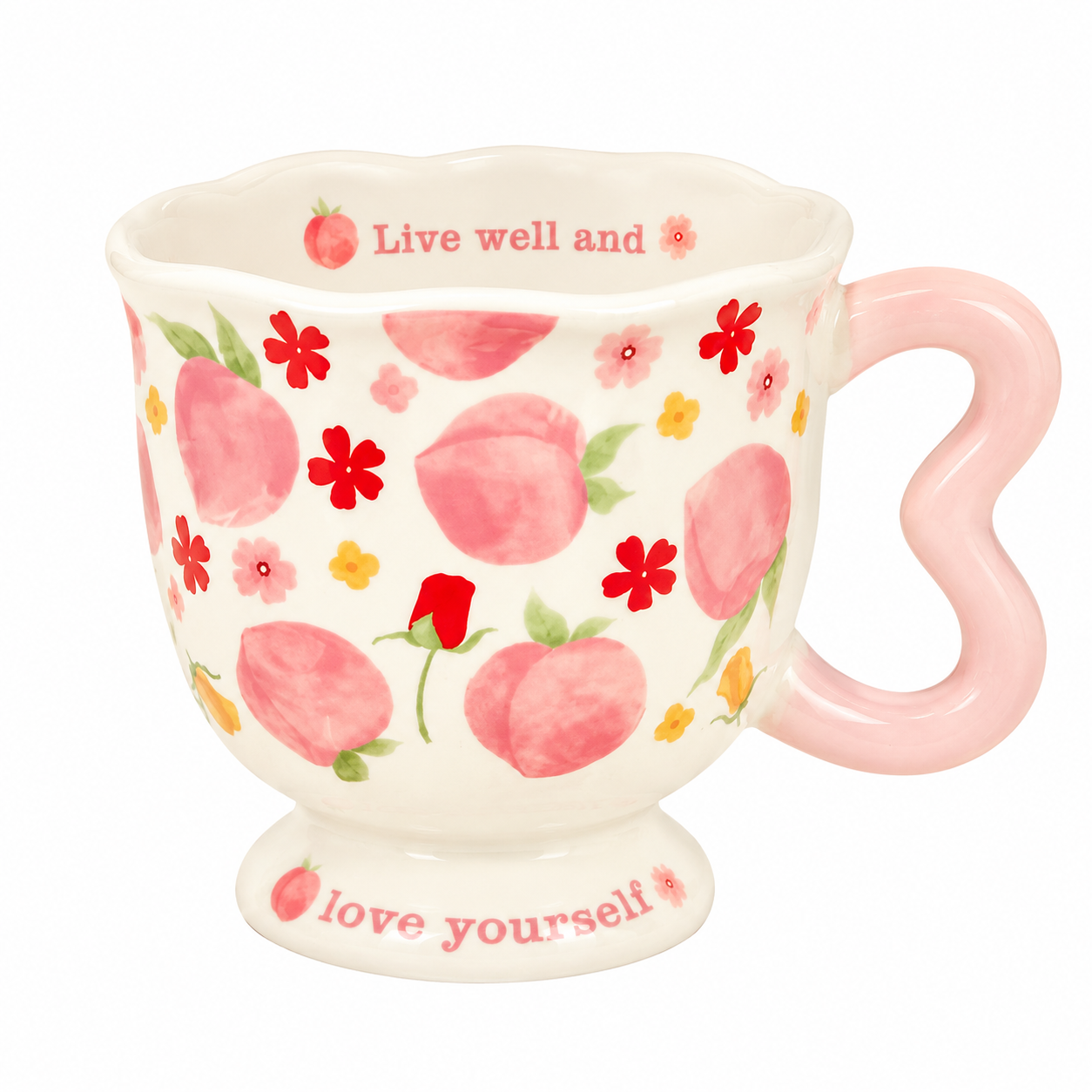 Peach Floral Ceramic Mug with Heart Handle